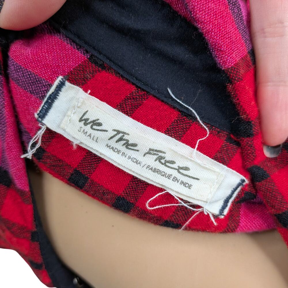 Free People We The Free Pacific Dawn Plaid Snap Top S | Red Pink Ruched Peplum - Picture 10 of 12